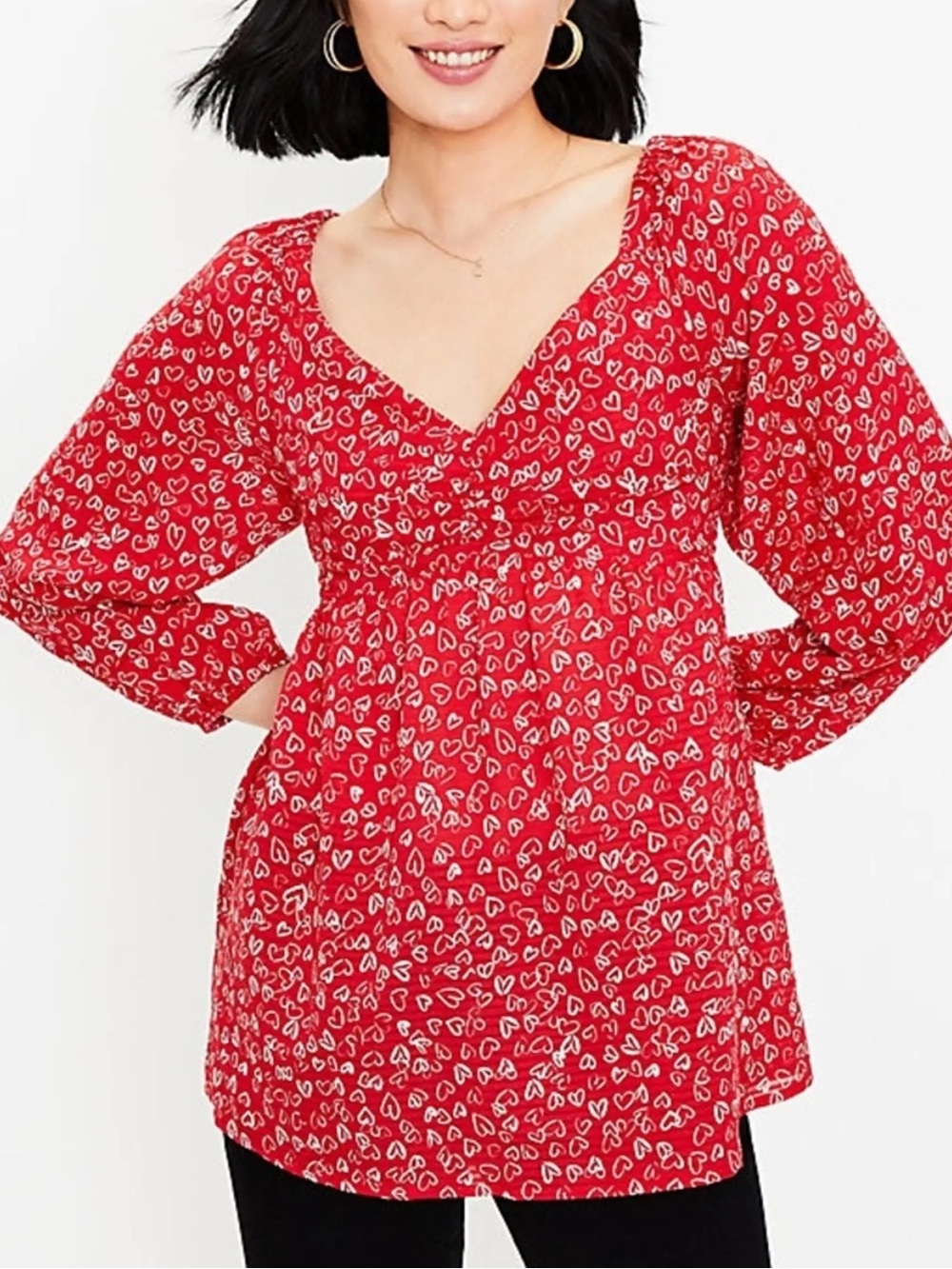 LOFT Red White Heart Print Smocked Square Neck Long Sleeve Blouse Top Size 0